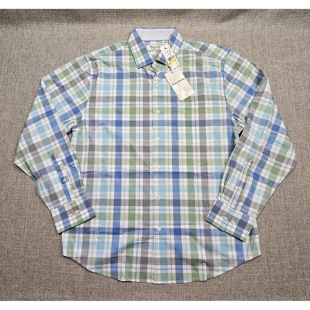 Tommy Bahama Shirt Mens Medium Green Plaid Sarasota Stretch‎ Long Sleeve Button